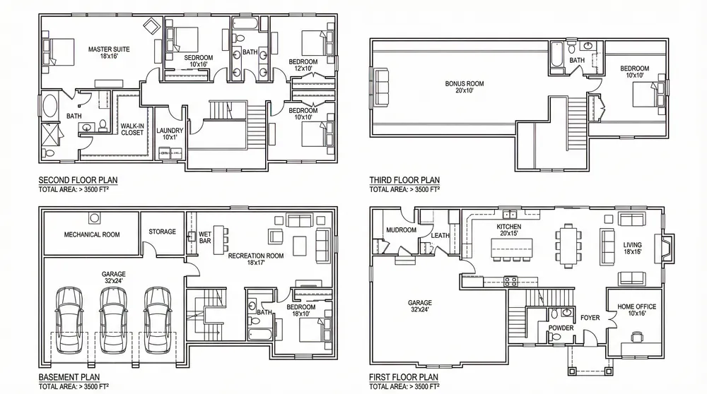the plans for the three garages in front and back