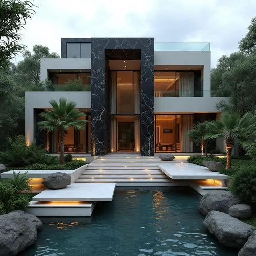 A cutting-edge, ultra-modern luxury residence showcasing bold geometric forms and contrasting materials. The structure centers around a tall, rectangular black-marble archway with subtle white veins, 
