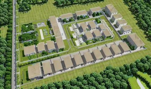 Generate a highly detailed and photorealistic urban site layout image for an estate, focusing on the elegant integration of duplex buildings within a beautifully designed landscape. The scene should v