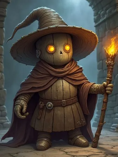 A cartoon drawing of an old warforged wizard. He is made of wood and metal with no skin, hair, eyes, or mouth. His hat covers most of the top half of his face and two eyes, which has a yellow gems in 