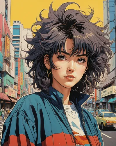 Anime Girl, Illustration,a person with blue hair is standing on a street,akira,shimei,hagio,alita,togawa,hausser,misato,urabe,rumiko,kawakami,noodle image,kommuna,ryoko,kon,minmay,animeigo,horikoshi,r