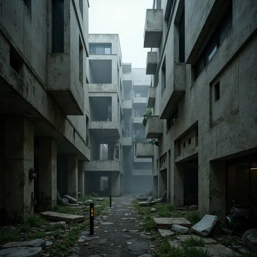Fragmented concrete structures, abstract shapes, irregular forms, dynamic spatial relationships, chaotic urban landscape, demolished walls, exposed pipes, distressed finishes, industrial lighting fixt