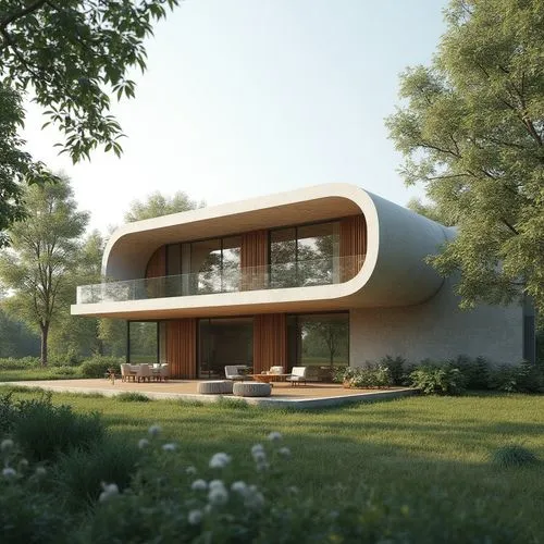 ,an unusual house with grass, shrubs and trees in the background,3d rendering,mid century house,dunes house,passivhaus,render,modern house