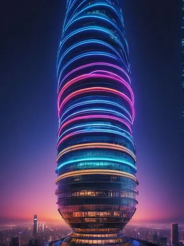 Harmonious architecture, futuristic skyscraper, sleek metal structure, curved lines, neon lights, LED strips, urban cityscape, misty atmosphere, dusk time, panoramic view, bird's eye perspective, high
