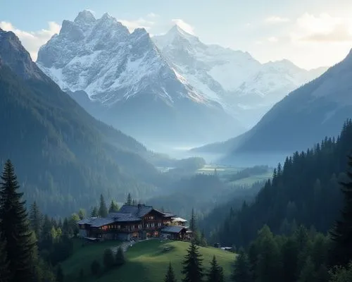 majestic snowcapped mountains with a swiss lodge with a valley of trees,a house sits on top of a grassy hill in front of some mountain peaks,house in mountains,house in the mountains,the alps,alpine v