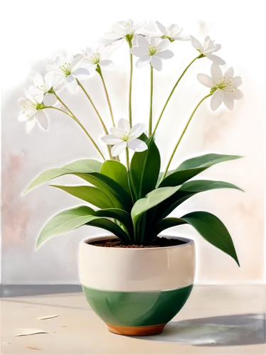 Green leafy plant, ceramic pot, white flowers, delicate petals, soft morning light, shallow depth of field, 3/4 composition, warm color tone, cinematic lighting, detailed texture, realistic rendering.