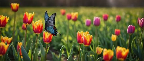 tiptoe, walking, gentle steps, through, vibrant colorful tulips, blooming flowers, green stem, delicate petals, soft sunlight, warm afternoon, peaceful atmosphere, serene landscape, lush meadow, subtl