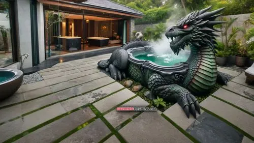 ВАННАЯ КОМНАТА С ДЖАКУЗИ И БАССЕЙНОМ ,a dragon is standing outside next to a hot tub,exotic bird,gryphon,feathers bird,rare parrot,phoenix rooster,birdbath,decoration bird,augmented reality,gamecock,p
