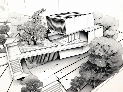 a black and white drawing of a building surrounded by trees,cantilevers,cantilevered,school design,multistory,house drawing,rectilinear
