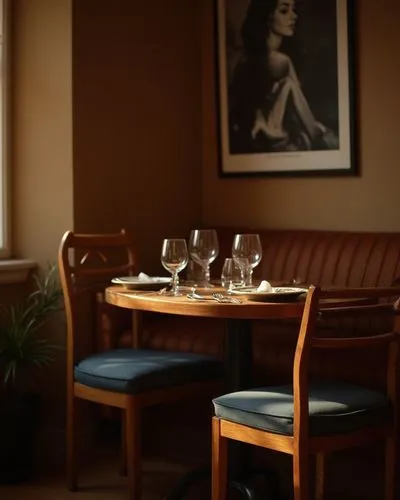 Create an image of a cozy restaurant interior during the golden hour, emphasizing a warm and inviting atmosphere. The color palette should consist of rich browns, soft amber tones and deep shadows, cr
