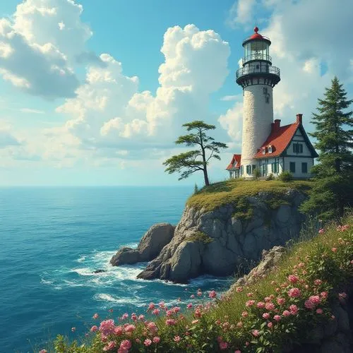 a lighthouse on a cliff overlooking the sea with trees and flowers around it,a lighthouse by the sea,lighthouse,lighthouses,red lighthouse,light house,electric lighthouse,crisp point lighthouse,window