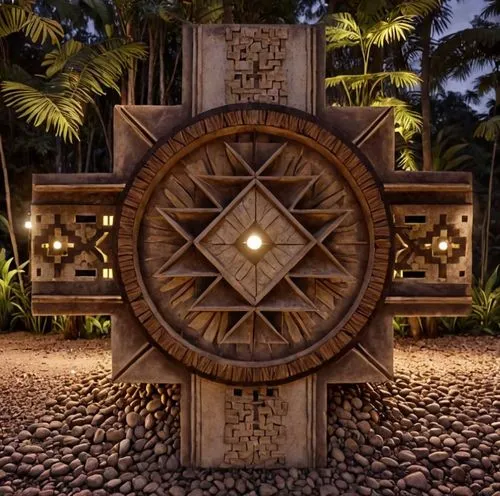 this is an artistic composition consisting of two large squares with different directions,sun dial,sundial,ship's wheel,garden door,decorative fountains,stone fountain,lotus stone,wishing well,ships w