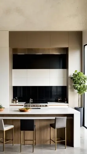 An indoor frontal view of a light colored kitchen, with a light colored wooden cabinetry and stainless steel stove on the right. The cabinets are white, with gray grout on the shelves. Below the cabin