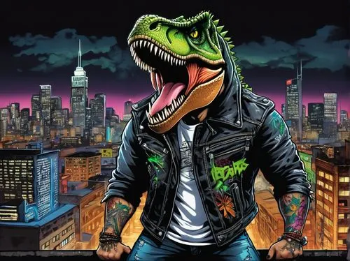 Anthropomorphic T-Rex, standing upright, muscular legs, sharp claws, scaly skin, green eyes, spiky hair, tribal tattoos on arms, ripped denim jeans, black leather jacket, confident pose, urban citysca