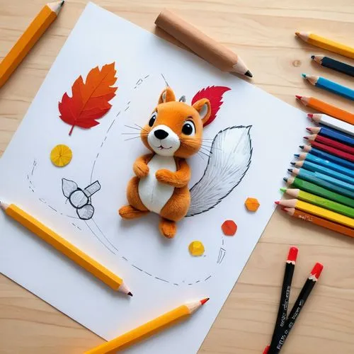 HIRO,Plush toy and it's pencil design manuscript: A little squirrel and his design process pencil manuscript,with length marks,pencil designs from all angles,,the colorful pencils are lying beside the