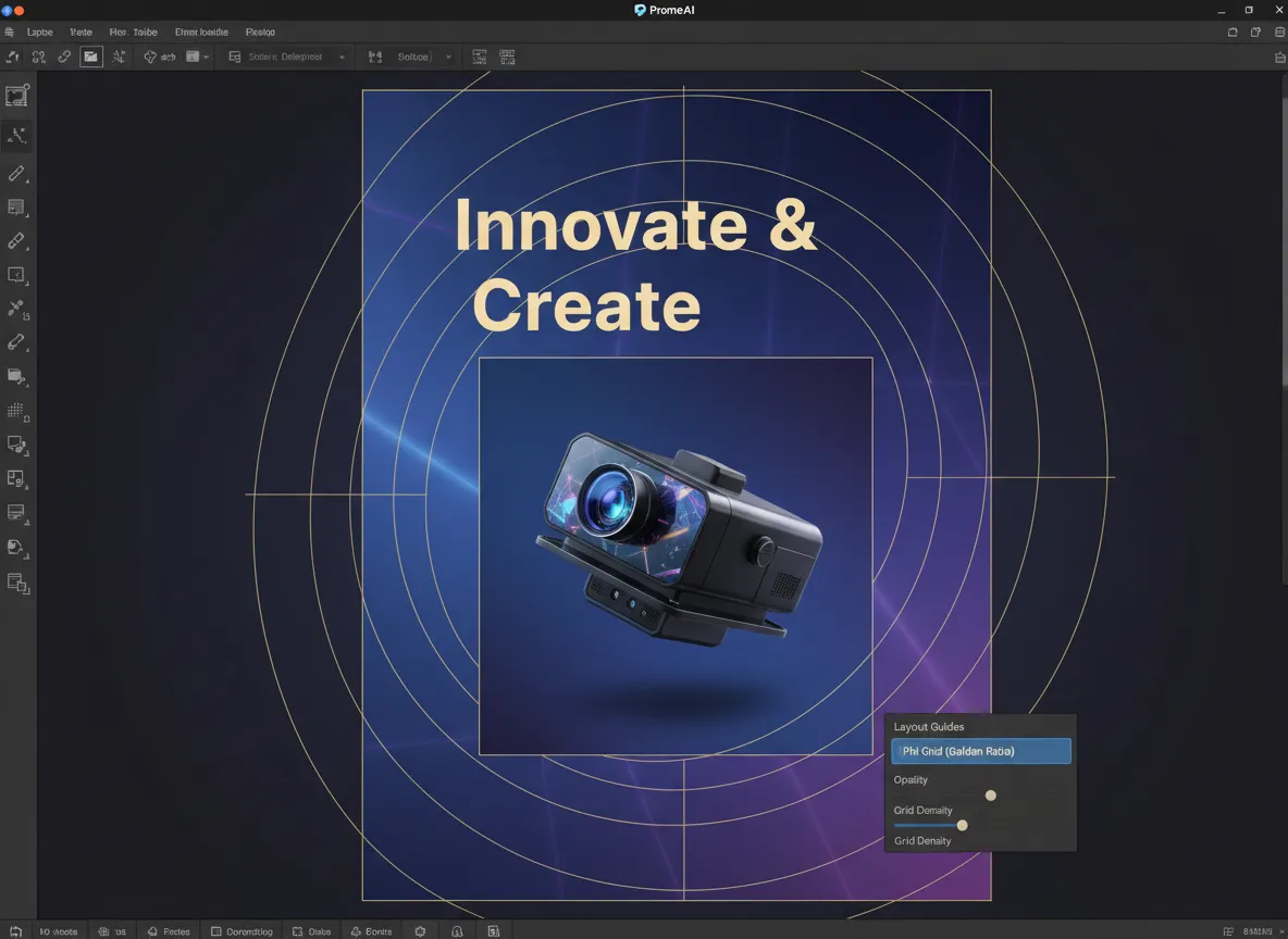 PromeAI इंटरफ़ेस का क्लोज-अप जो फाई ग्रिड लेआउट ओवरले के साथ एक पोस्टर दिखा रहा है, जिसमें एक हेडलाइन और उत्पाद छवि की सटीक प्लेसमेंट पर प्रकाश डाला गया है।