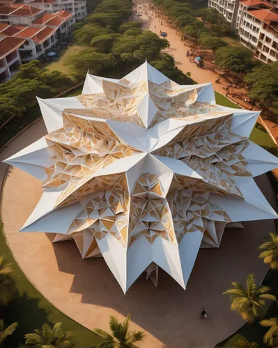 public exhibition pavilion in goa, architect Shigeru Ban, origami patterns, photorealism photography, ariel view , daylight,honeycomb structure,building honeycomb,lotus temple,solar cell base,mandala 