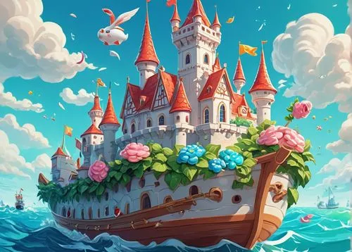 Fantasy kingdom, Cookie Run characters, bright colorful scenery, cartoon style, medieval castle, tall spires, grand entrance, stone walls, vibrant flowers, lush greenery, winding paths, sunny sky, flu