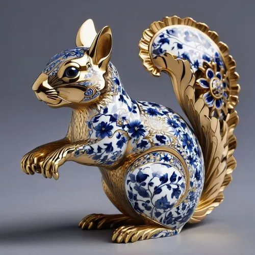 A detailed, intricately crafted mechanical squirrel, adorned with intricate blue and white porcelain-style floral patterns, is presented against a neutral gray backdrop.

The scene is a close-up view 