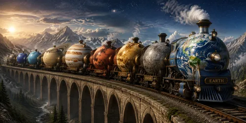 a long train where each locomotive represents a planet of the solar system biome
,a train carrying a group of people in a sky full of stars,merchant train,the train,train of thought,fantasy picture,tr