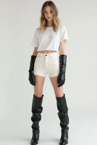 Her entire outfit is white: a basic fitted t-shirt, soft wool shorts, and a minimalist white belt. On her arms and legs, however, shiny black leather explodes — the gloves go to the shoulders, tight a