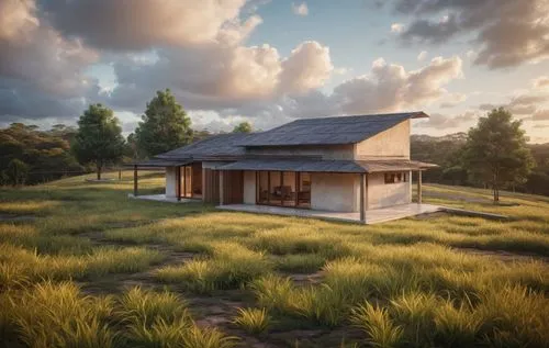 A sober house with predominant Brazilian architecture. It features a burnt cement floor and a ceramic roof, surrounded only by grass and vegetation. The sky above is clear, with few clouds in sight.,3