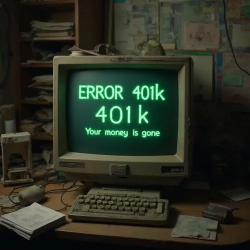 an old computer on a cluttered desk. On the screen in green computer letters written "ERROR 401k" and "Your money is gone",a computer monitor with a message error 401k,error,errors,404 error,computer,