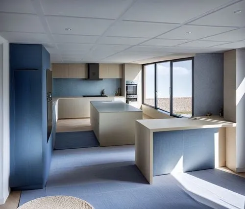 a large kitchen with blue counters in front of windows,prefab,prefabricated buildings,office automation,blur office background,hallway space,prefabs