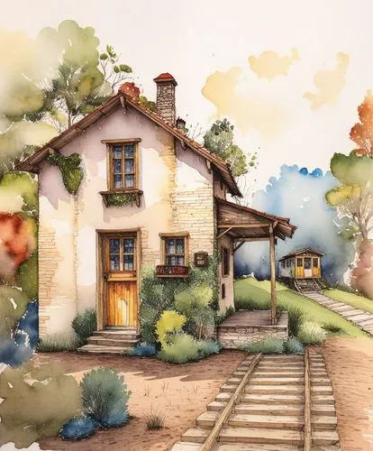 this is a house in the middle of a beautiful scene,country cottage,railroad station,country house,little house,home landscape,cottage,train depot,farmhouse,traditional house,train station,cottages,far
