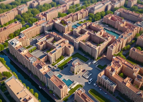 32k photo-realistic, high-definition, HQ resolution, super-HD wallpaper, Canal-Integrated Office Complex (Ancient City, Mesopotamia): A futuristic office complex incorporating canals for water managem