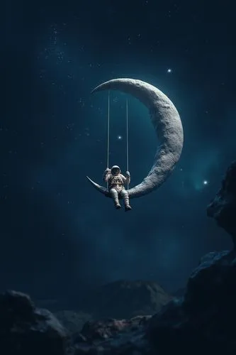 A vast expanse of space filled with stars. Dominating the scene is a crescent moon, which serves as a swing's seat. Swinging from the moon's crescent is an astronaut, seemingly enjoying a leisurely sw