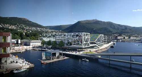 modern building by the lake,a view of a water way with a bridge going into the water,lugano,aalesund,lecco,fontvieille,funchal,lysefjord,como,urca,aurland,photosynth