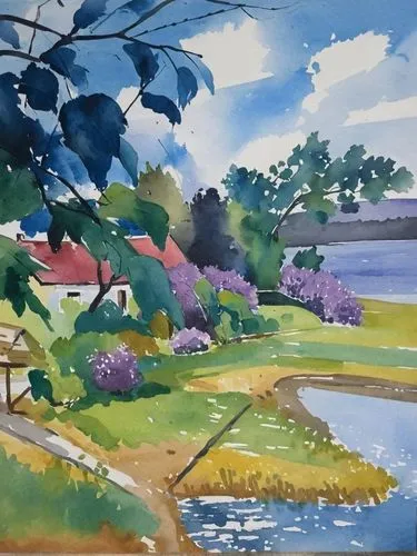 Лиловая сирень у дома, акварель,a watercolor painting with houses and trees,watercolor,watercolor painting,watercolor background,river landscape,spring lake,water color