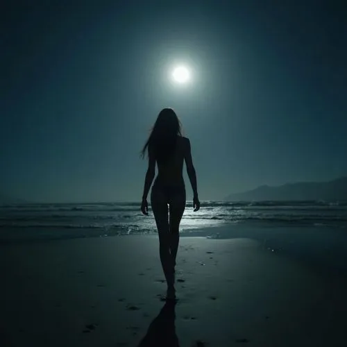 a person walking along the beach during the dark,woman silhouette,dark beach,moonlit night,moonlight,moonlit,mermaid silhouette,moonlighted,girl on the dune,sleepwalker,sea night,light of night,walk o