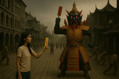 a girl is holding an item that looks like a demon,photo manipulation,temples,duelist,grand palace,disinfected,world digital painting,oriental painting,deities,confrontation,chessman,duel,mastodon,fant