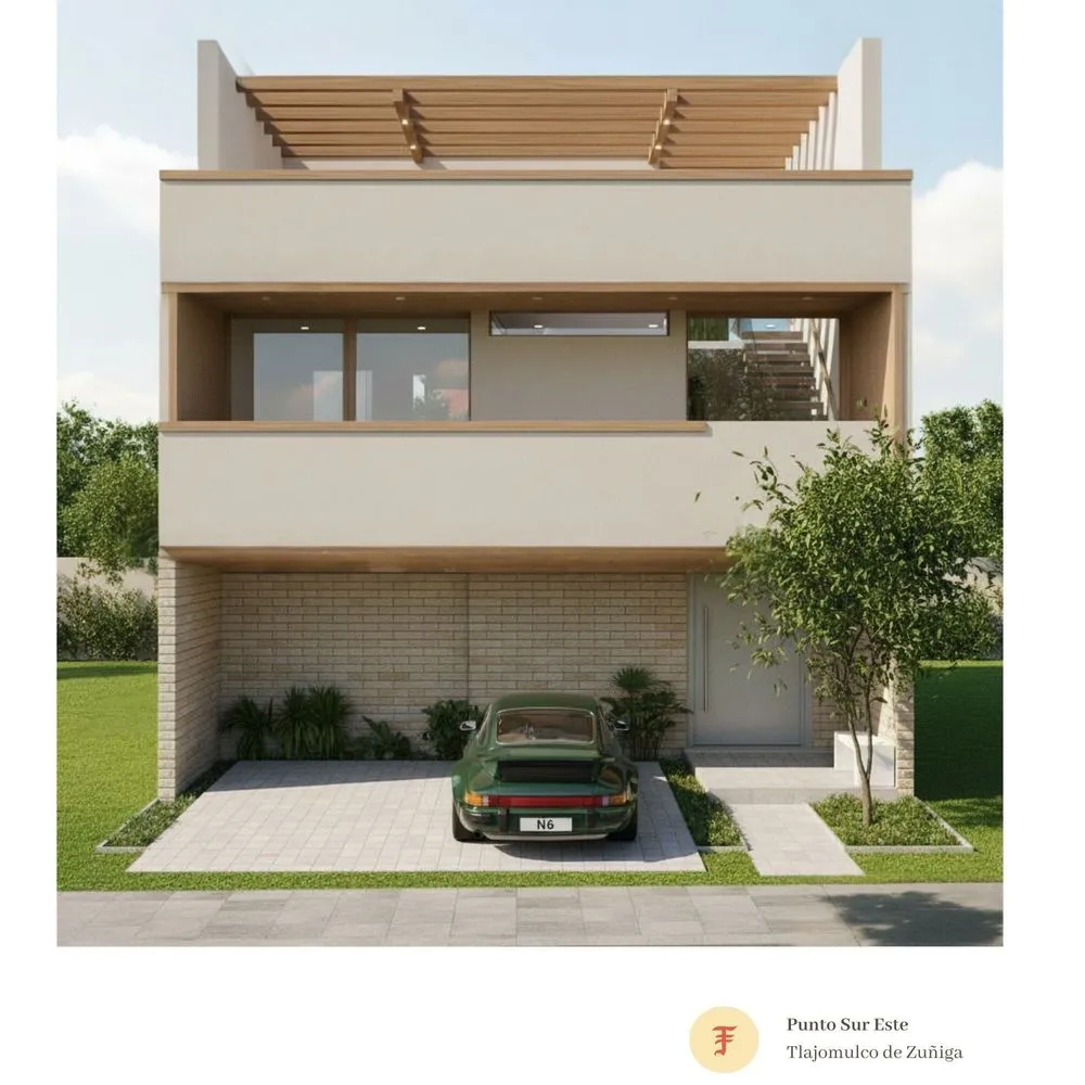 the car is parked in front of a modern house