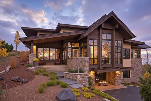 A luxurious modern mountain house with multiple sloped roofs, stone walls, and expansive glass windows, featuring an outdoor patio with fire pits and landscaping, set against a dramatic sky.,a big hou