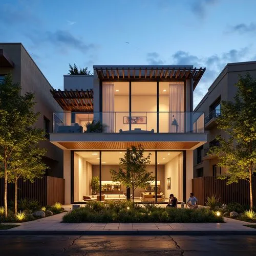 modern duplex villa, teak wood pergola, living room with warm lighting can be seen inside thru a vitrocsa minimalist large windows with partially covering blinds, the fence is made of painted concrete