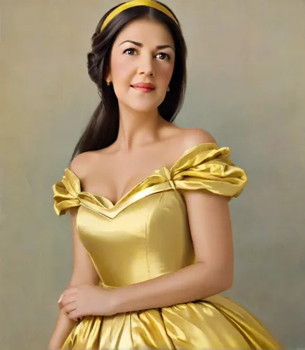 Princess Belle from Disney Beauty and the Beast, yellow ball gown with a fitted bodice with off-the-shoulder sleeves, loose updo hair, wears a golden hairband,vietnamese woman,model years 1958 to 1967