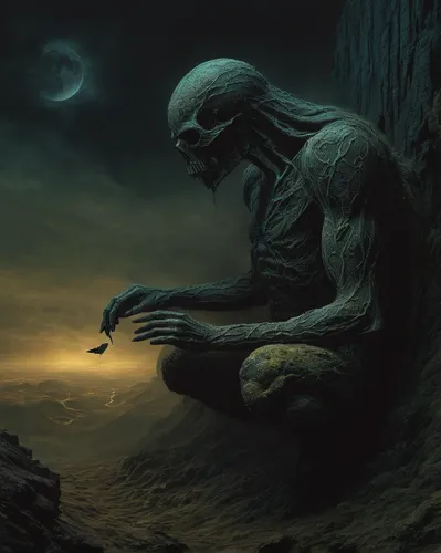 Zdzisław Beksiński void creature feeding  human body,sorrow,life after death,primitive man,the thinker,still transience of life,of mourning,dead earth,petrification,grief,sci fiction illustration,thin