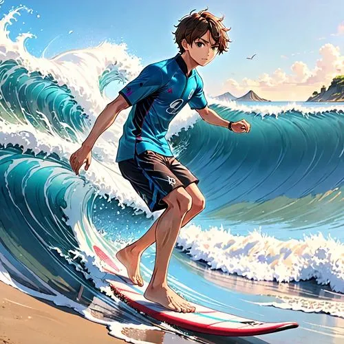 japanese style, manga, realistic,colors.summer,surfing,a boy is on the surfboard at the beach,surfer,big wave,surf,japanese waves,oikawa,hausser,Anime,Anime,General