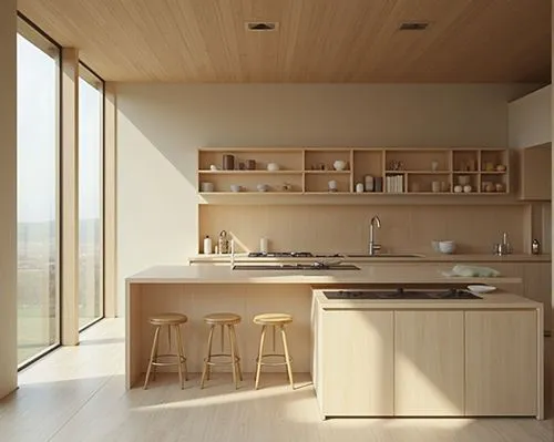  interior design,a kitchen with wood cabinets and wooden stools,modern kitchen interior,modern minimalist kitchen,kitchen design,modern kitchen,kitchen interior,kitchen,Photography,Documentary Photogr