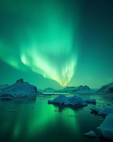 Breathtaking northern lights over the lake with icebergs in the night sky, green light and reflection on the water surface, an epic landscape photograph, in the style of National Geographic.








,