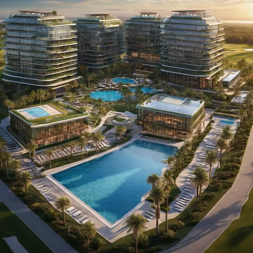 Two 14 stories, solor glass, renewable energies,  triangular outer buildings, one separate 14 stories octagonal center building, three pools, one rooftop deck pool, balconies on one building, golf cou