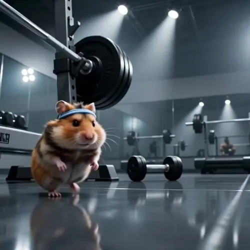 12-second animal comedy short for Western TikTok/Reels audiences, 16:9, no text, no logos, no subtitles.

0-2s: A tiny headband-wearing hamster struts through a full-size gym like a champion, cracks h