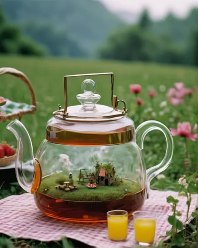 Design a whimsical fragrance teapot for a fairy tale picnic.,fragrance teapot,flowering tea,vintage teapot,flower tea,tea service,blooming tea,scented tea,tea zen,teapots,asian teapot,watercolor tea s