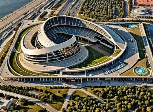  estadium COLOR MODERN FUTURIST,an aerial view of an arena and roads near the water,aerial view,sanatoriums,bird's-eye view,oval forum,esplanades,aerial photograph,aerial image,synchrotron,esplanade,f