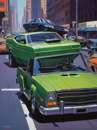 Create a hilarious scene where the Incredible Hulk struggles to fit into a tiny car.,pontiac tempest,dodge monaco,muscle car cartoon,pontiac grand prix,pontiac gto,american classic cars,chevrolet el c