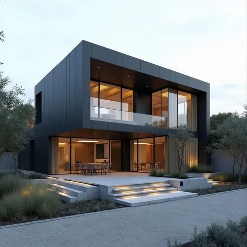 A hyper-realistic, high-resolution architectural photograph of a sleek, two-story modern residence with a minimalist, all-black exterior. The building’s façade is composed of smooth, matte metal panel