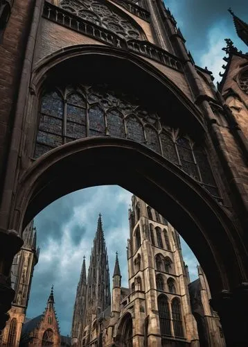 Antwerp architecture, Gothic style, grandiose cathedral, intricate stone carvings, stained glass windows, ornate towers, historic landmarks, cobblestone streets, medieval atmosphere, gloomy cloudy sky